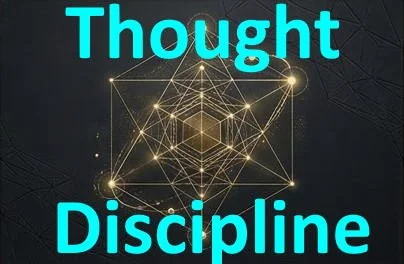 Graphic with the words "Thought Discipline" in bright blue text over a dark background, featuring a glowing geometric cube surrounded by interconnected lines and nodes.