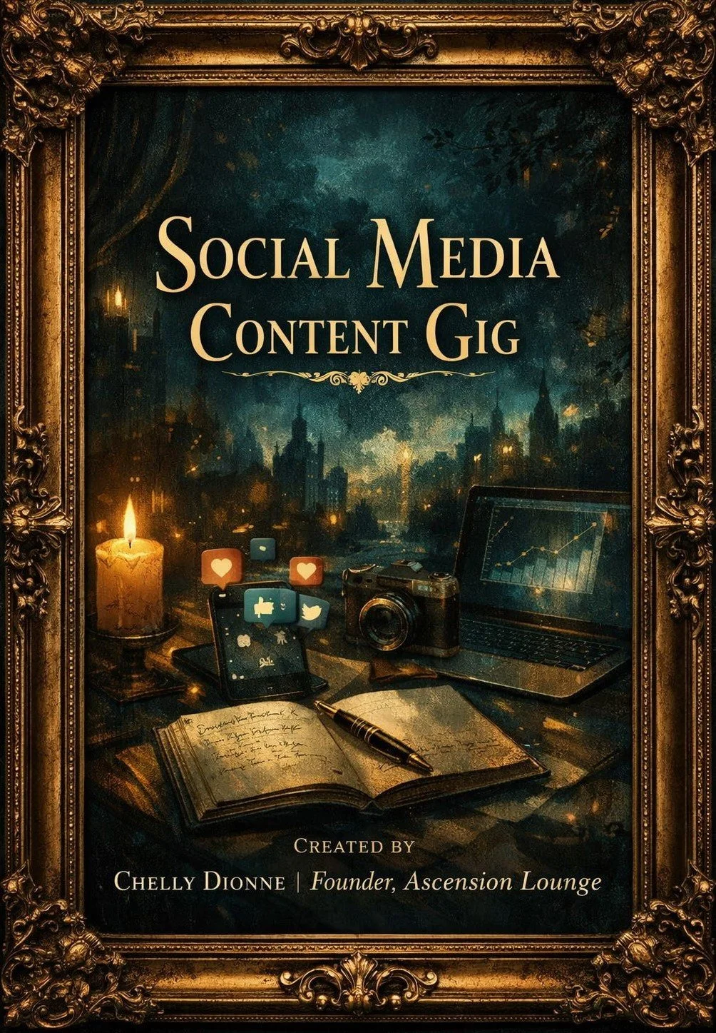 Book cover titled "Social Media Content Gig" created by Chelly Dionne, founder of Ascension Lounge. The cover features a vintage-style frame with a city skyline background, a lit candle, a camera, a laptop, a smartphone showing social media icons, an open notebook with handwritten notes, and a pen.