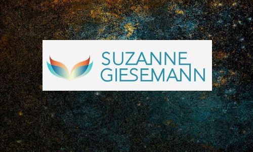 Logo with colorful abstract shape and the text 'Suzanne Giesemann' on a dark textured background.