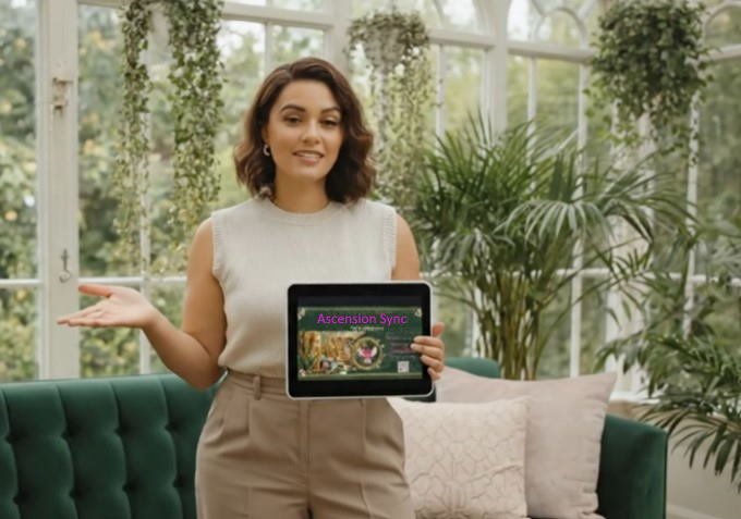 A woman standing indoors in a sunroom, holding an iPad displaying the words "Ascension Sync" on the screen, with green plants and a sofa in the background.