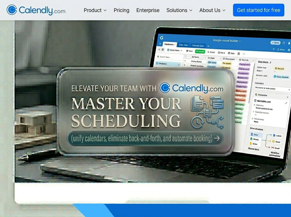 Website screenshot for Calendly.com promoting tools to elevate team scheduling by unifying calendars, eliminating back-and-forth, and automating bookings, with a background of a laptop, documents, and a pen.