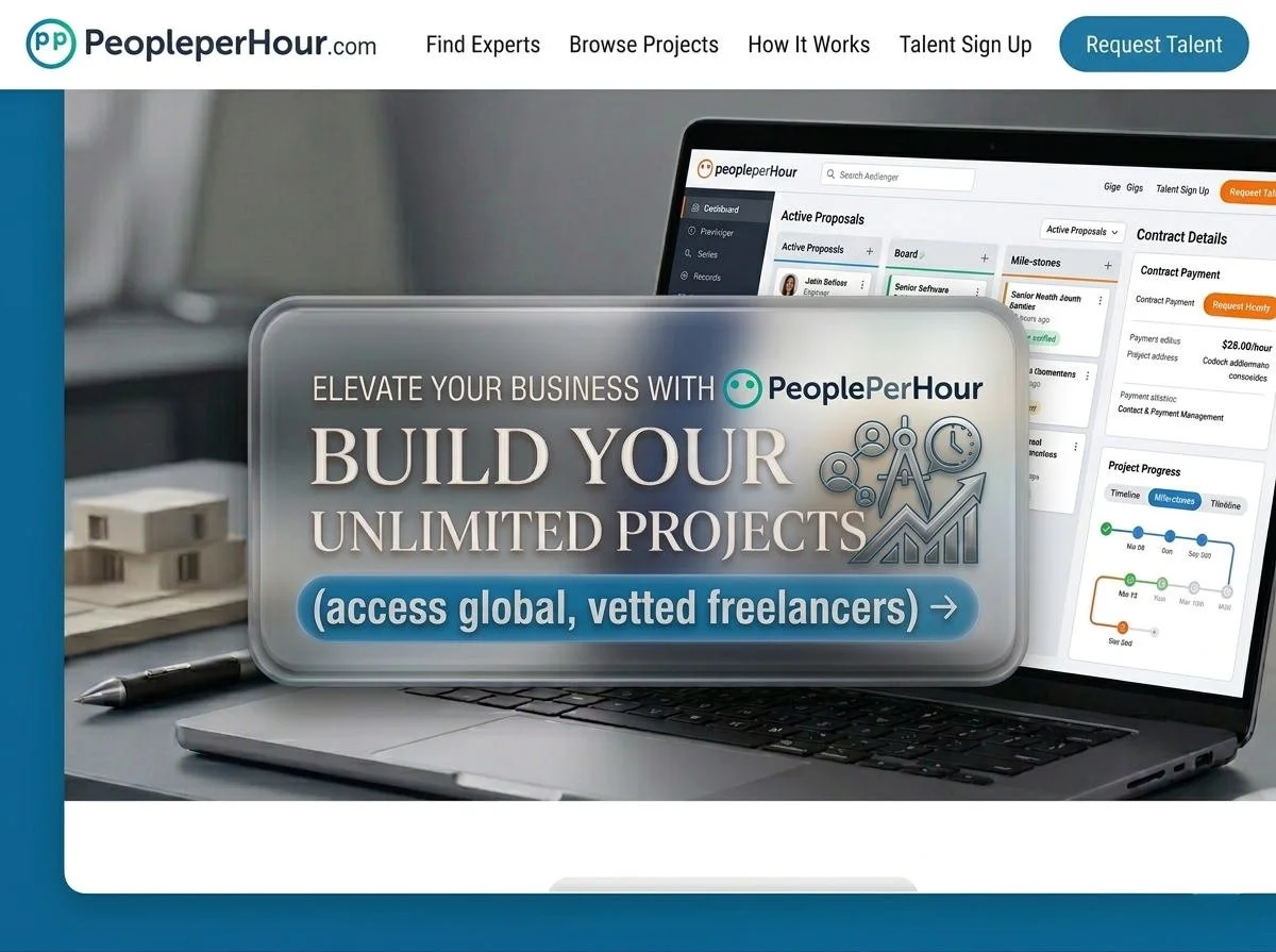 Computer screen showing project management software with the text: 'Elevate your business with PeoplePerHour. Build your unlimited projects. Access global, vetted freelancers.'