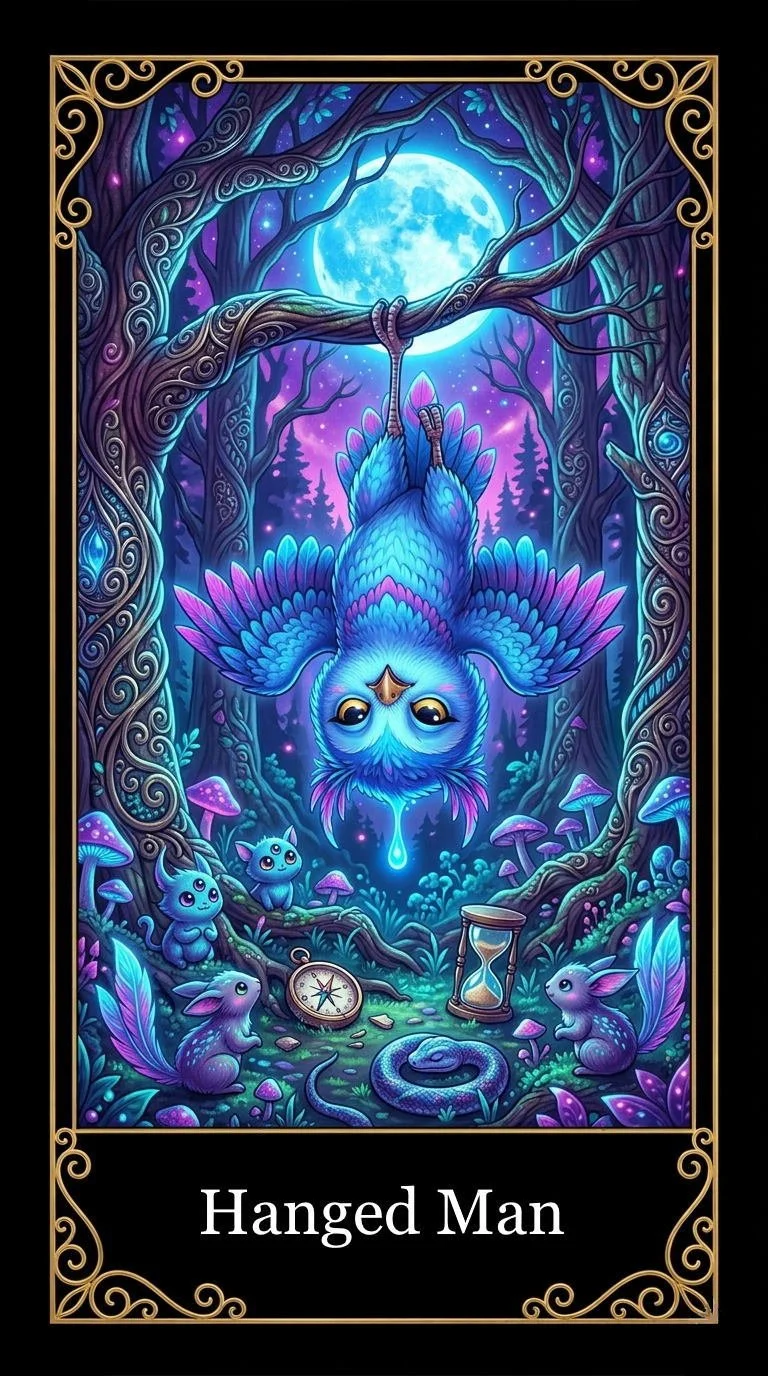A fantasy illustration of a bird hanging upside down from a tree branch under a bright full moon in a mystical forest. The scene includes glowing mushrooms, adorable mice, and a snake curled on the ground, all in vibrant blue and purple hues with intricate decorative borders.