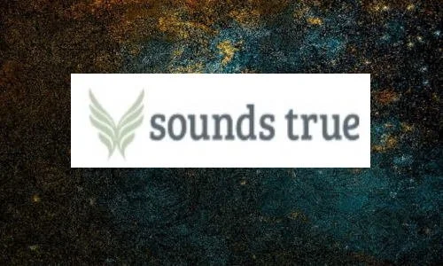 Logo with the phrase 'sounds true' and a green leaf-like icon on a dark textured background.