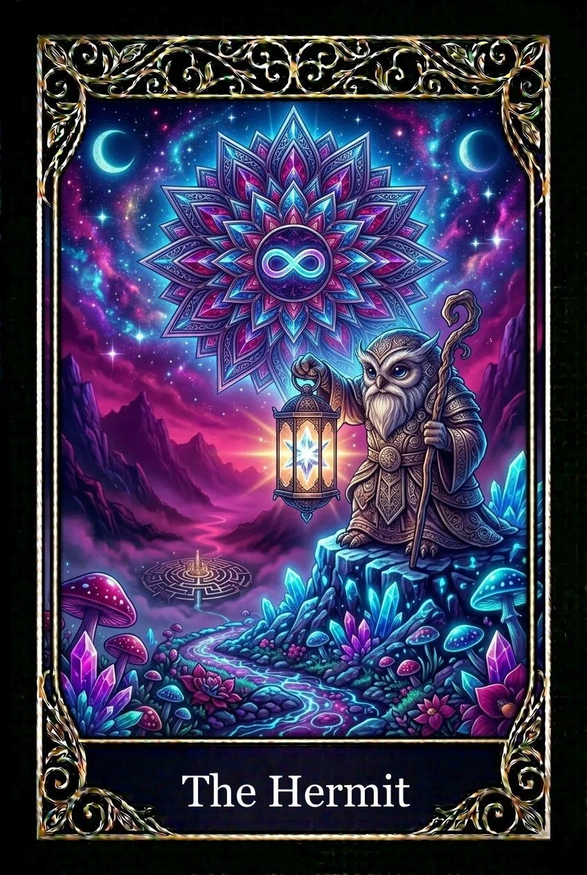 A mystical, fantasy-style tarot card titled "The Hermit" featuring an anthropomorphic owl dressed in robes, holding a staff and lantern, standing on rocky terrain surrounded by glowing mushrooms, vibrant crystals, and a luminous, starry sky with crescent moons and cosmic patterns.