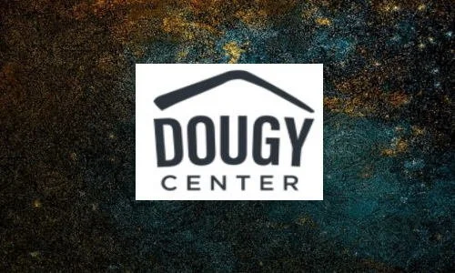 Logo for Dougy Center with a black roof-like line above the text on a textured background.