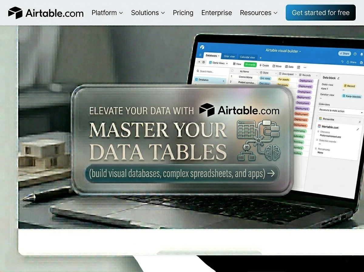 A promotional webpage for Airtable displaying a laptop with a data management interface on the screen, a pen, and stacked sticky notes, along with the text 'Elevate your data with Airtable. Master your data tables.'
