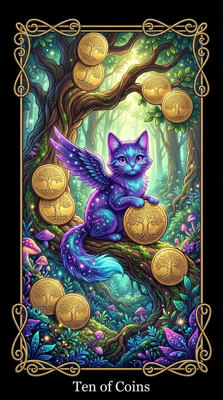 A colorful digital fantasy illustration of a winged, galaxy-patterned cat sitting on a tree branch in a lush, enchanted forest. Surrounding the cat are ten gold coins with tree symbols, arranged around the scene. The image has an ornate gold border and the caption 'Ten of Coins' at the bottom.