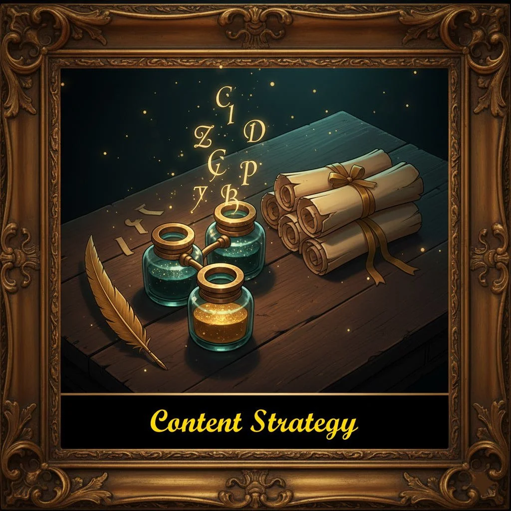 A wooden table with scrolls tied with ribbons, three ink bottles, a feather, and glowing floating letters in a frame that says "Content Strategy."