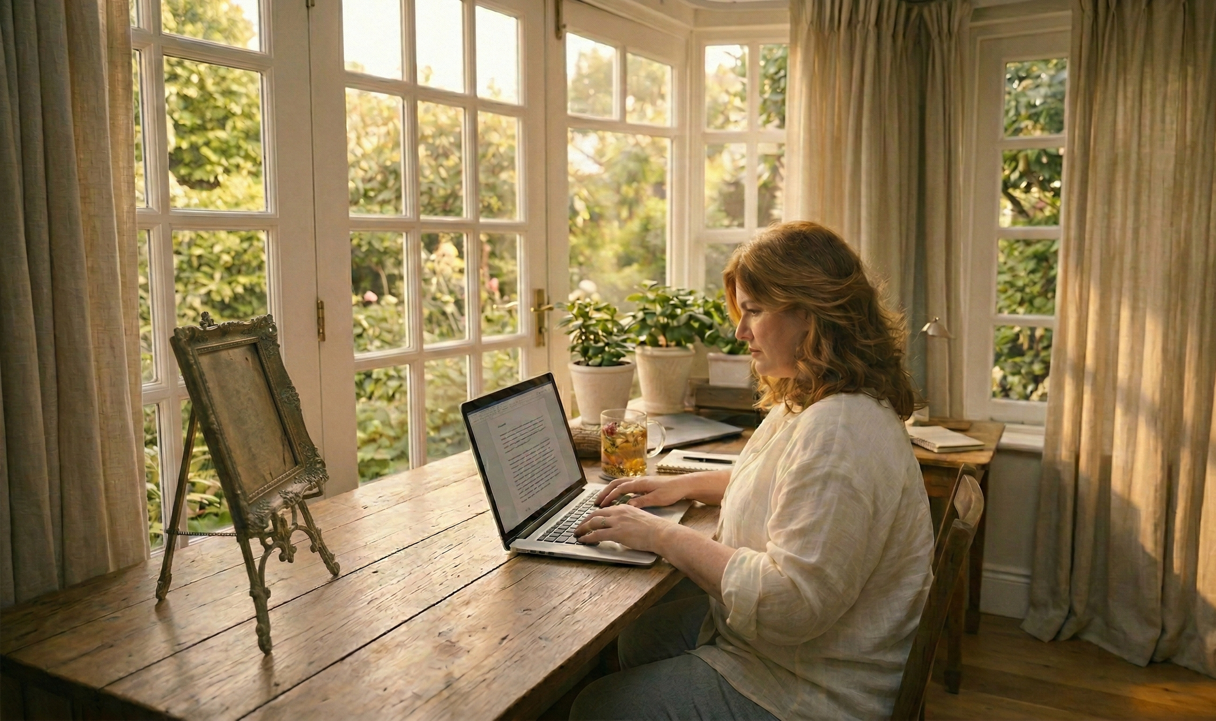 A woman with brown hair working on a laptop at a rustic wooden table in a sunlit room with large windows and green foliage outside.