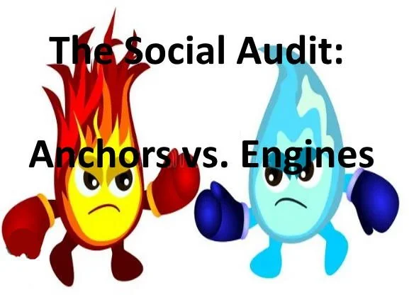 Illustration of a fire character with a sad face and a fist raised, representing anchors, and a water droplet character with a sad face and a fist raised, representing engines, with the text 'The Social Audit: Anchors vs. Engines' at the top.