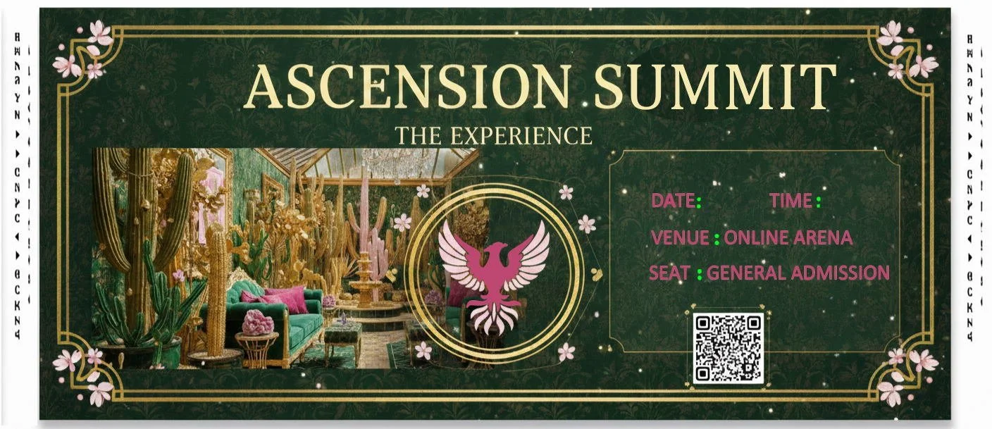 Event ticket for ASCENSION SUMMIT titled 'The Experience,' featuring a green and pink floral design, a central pink phoenix emblem, and details about date, time, venue, and seat with a QR code.
