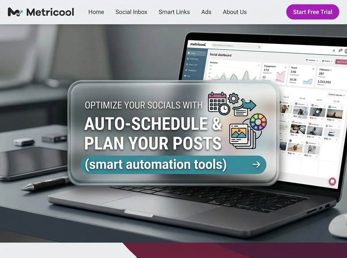 Screenshot of a website for Metricsool, showing a laptop with a social media management dashboard on the screen. Overlay text promotes auto-scheduling and planning social media posts using smart automation tools.