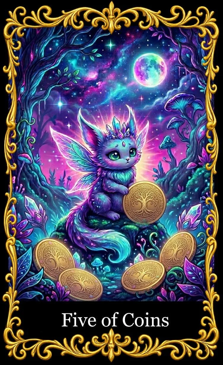 A fantasy-themed tarot card titled "Five of Coins" depicting a glowing, fairy-like creature with large wings, sitting on a rock in a magical forest under a bright full moon. The creature holds a large gold coin, with four more gold coins scattered around. The scene is vibrant with purple, blue, and green hues, surrounded by mystical mushrooms, glowing plants, and an ornate gold border.