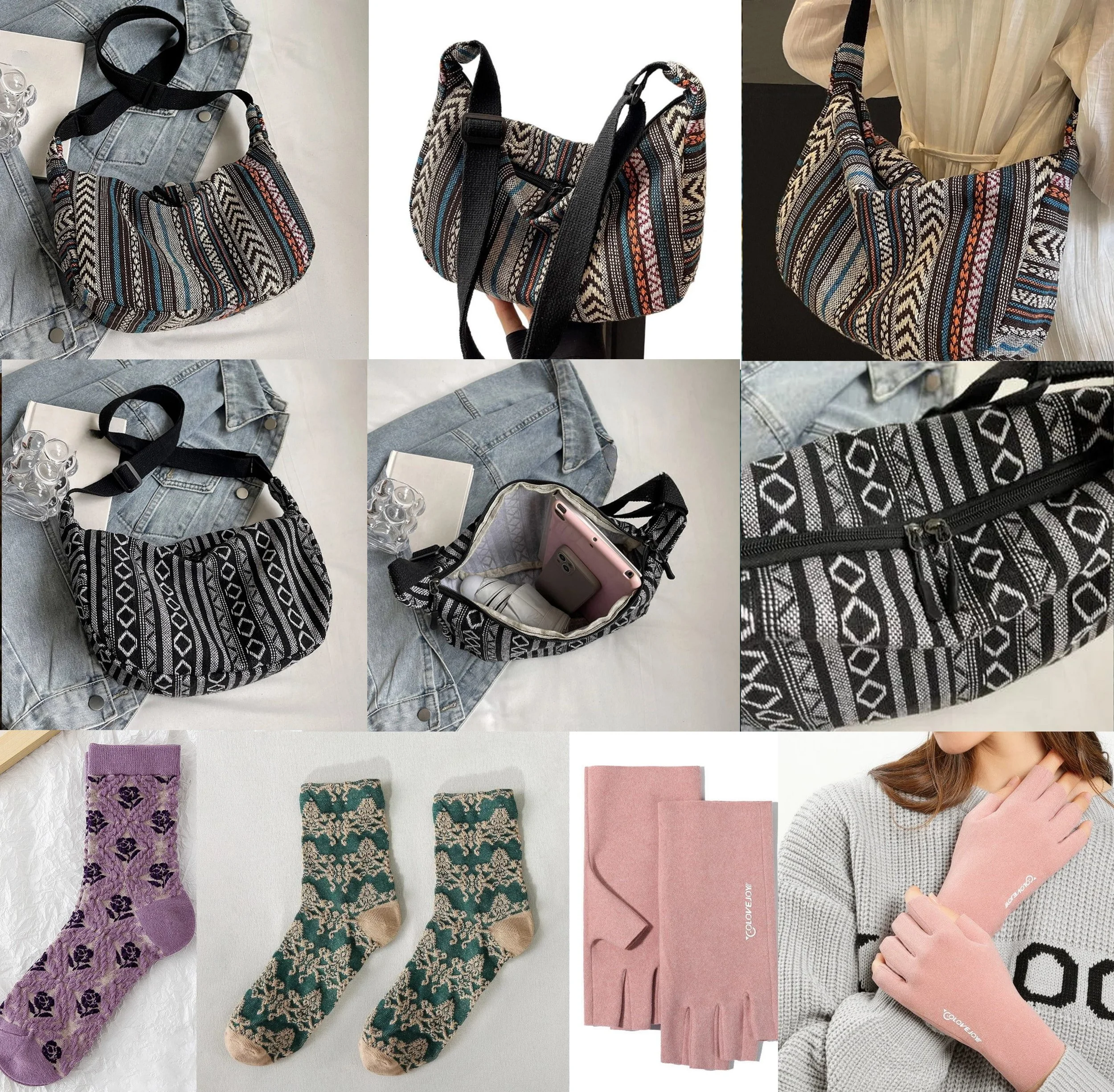 13 Pcs-Boho Geometric Tapestry Zip Crossbody Bag Purse Retro Embossed Sock