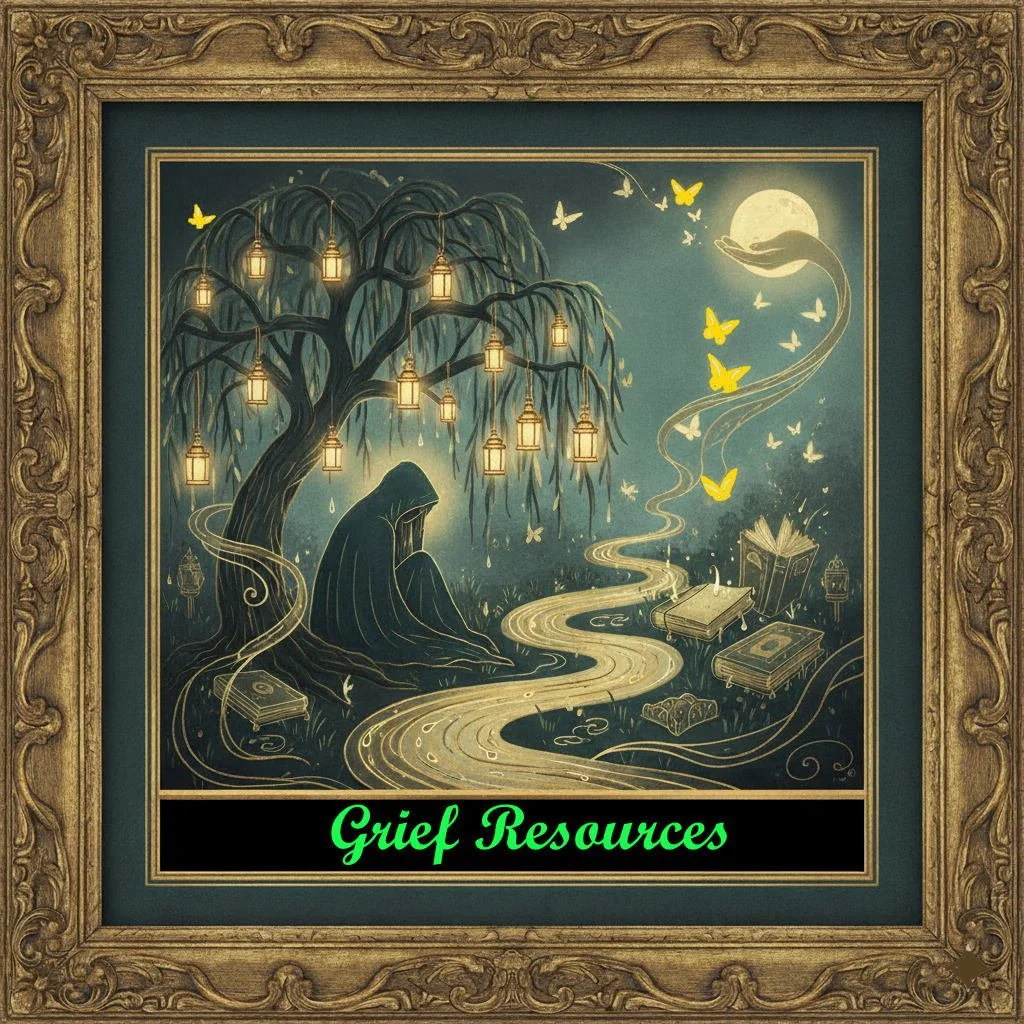 A framed illustration depicting a sad figure with a hooded cloak sitting beneath a willow tree with lanterns hanging from its branches. A winding path, glowing with golden light, leads to an open book and several closed books, with butterflies flying toward a bright full moon. The text "Grief Resources" appears in green at the bottom of the image.