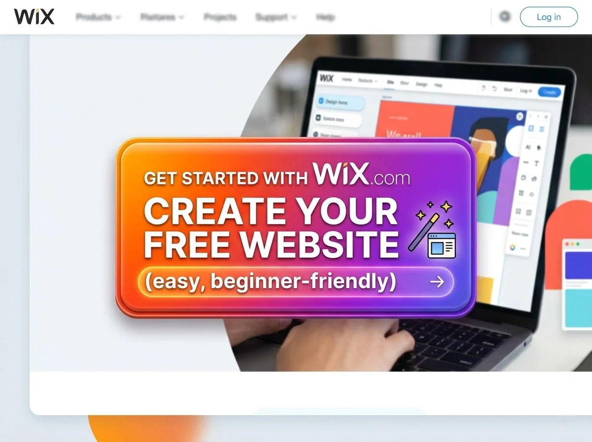 Screenshot of a website promoting free website creation with Wix, featuring a colorful call-to-action button that says "Get started with Wix.com create your free website (easy, beginner-friendly)."