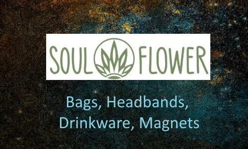 Logo for Soul Flower with a stylized flower and text, along with a list of products including bags, headbands, drinkware, and magnets.