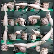 A collage of children making various hand and face gestures, some with playful expressions, in green-themed backgrounds.
