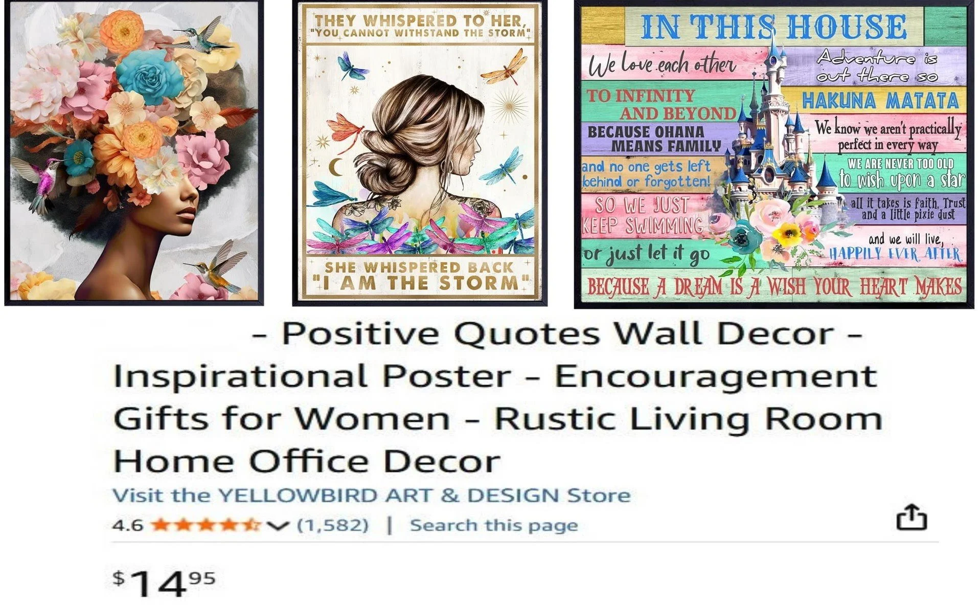 Three framed wall decor posters with inspirational quotes, including images of flowers, a woman with flowers in her hair, and a castle with colorful backgrounds.
