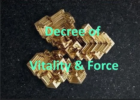 Gold-colored stacked geometric shapes on a black background with the text 'Decree of Vitality & Force' in turquoise.