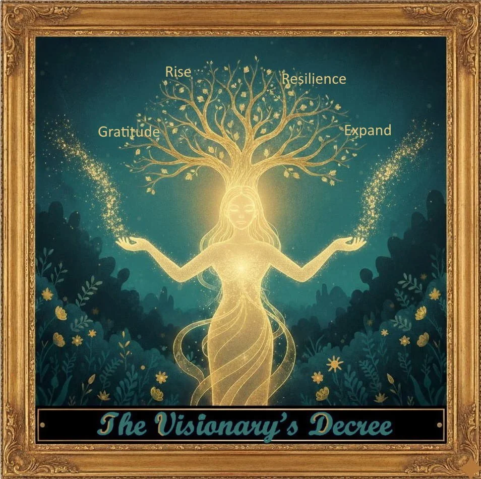 A glowing fairy-like figure with long flowing hair, surrounded by a golden frame, with a tree growing from her head. The tree has branches labeled 'Rise', 'Resilience', 'Grace', and 'Expand'. The background features a dark teal sky with silhouettes of plants, and sparkles emanate from her hands. The bottom of the image contains the text 'The Visionary's Decree'.