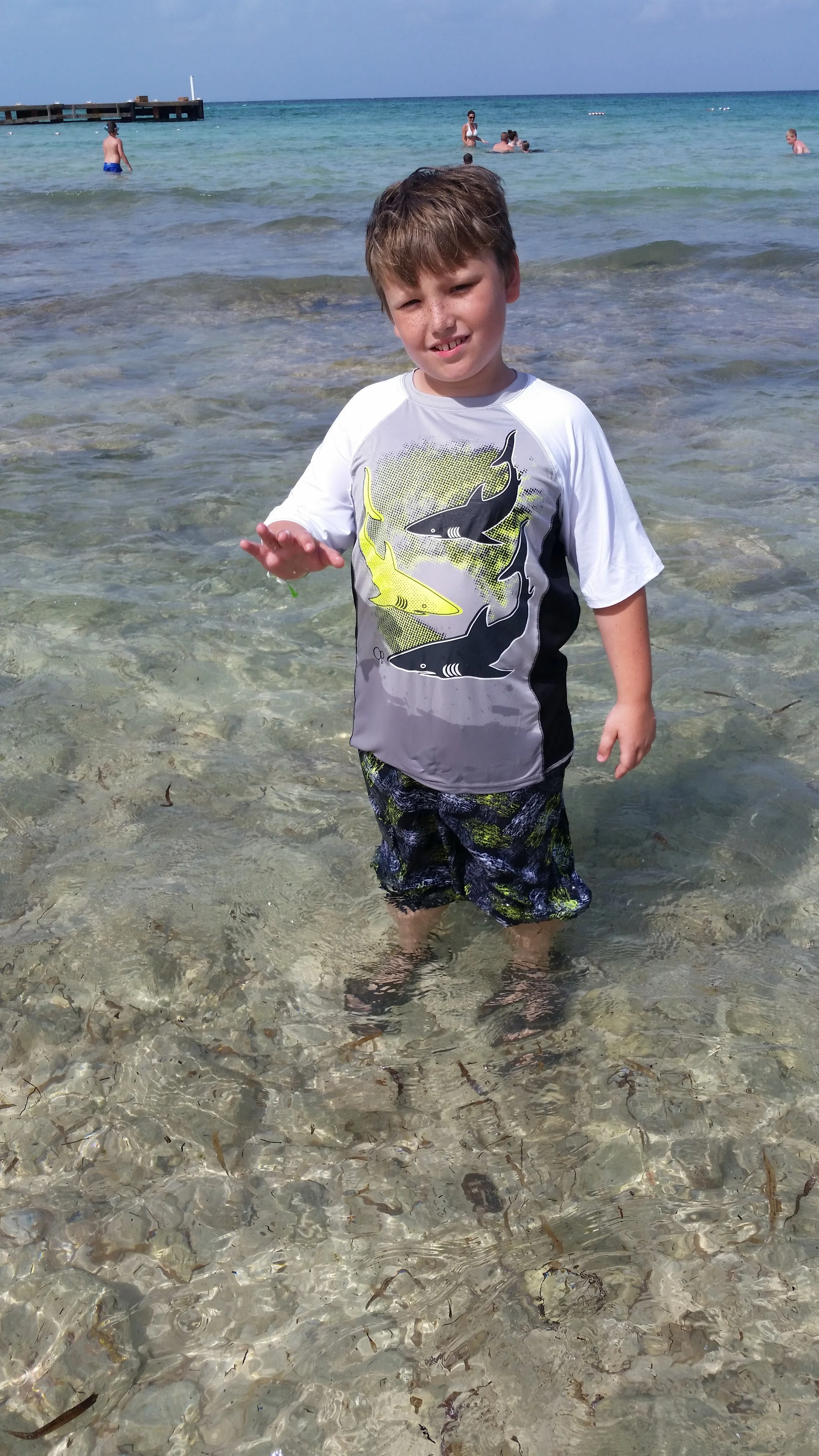 A boy standing in shallow, clear ocean water at the beach, wearing a white and gray shirt with shark prints and patterned shorts, with other people swimming and relaxing in the water in the background.