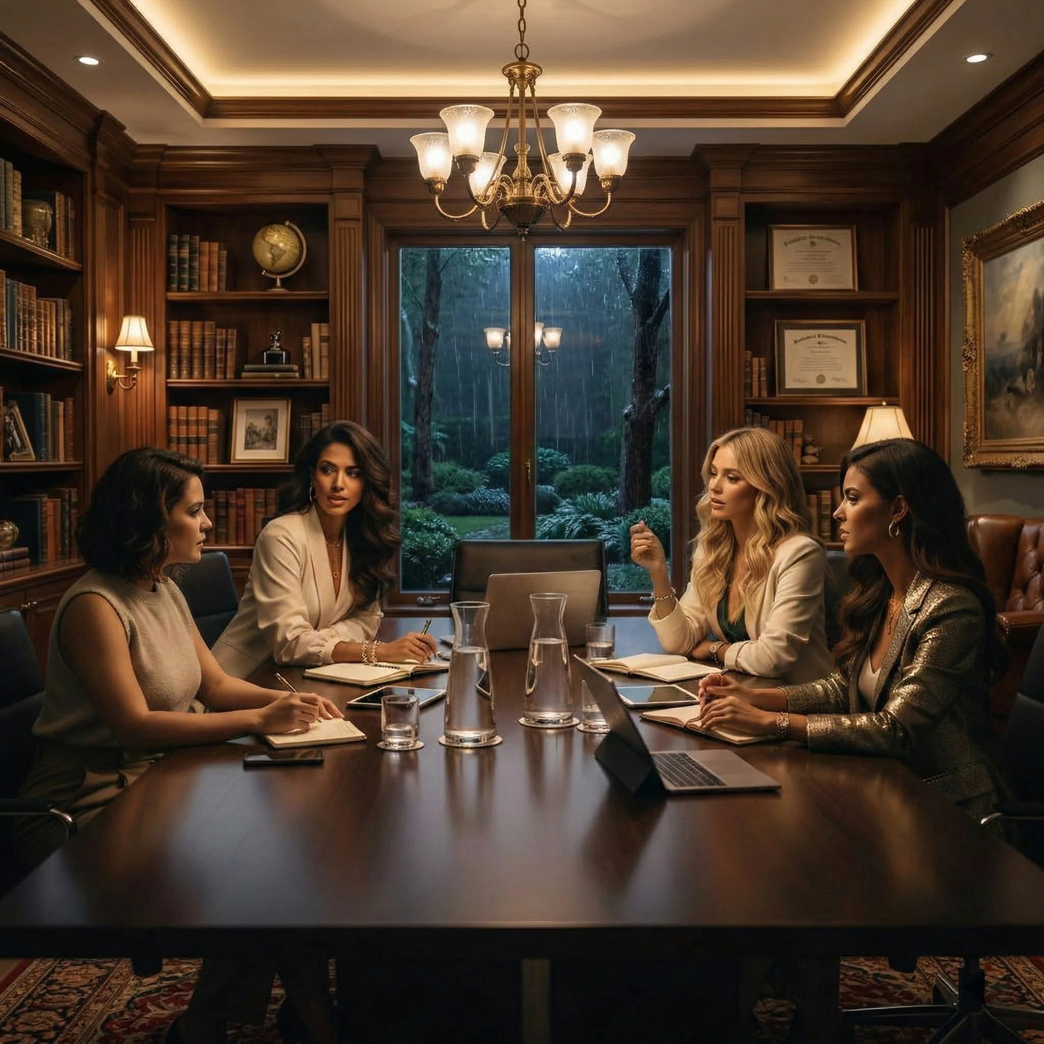 Four women seated at a dark wooden table in a luxurious wood-paneled office, engaged in a meeting during rainy weather outside the large window.