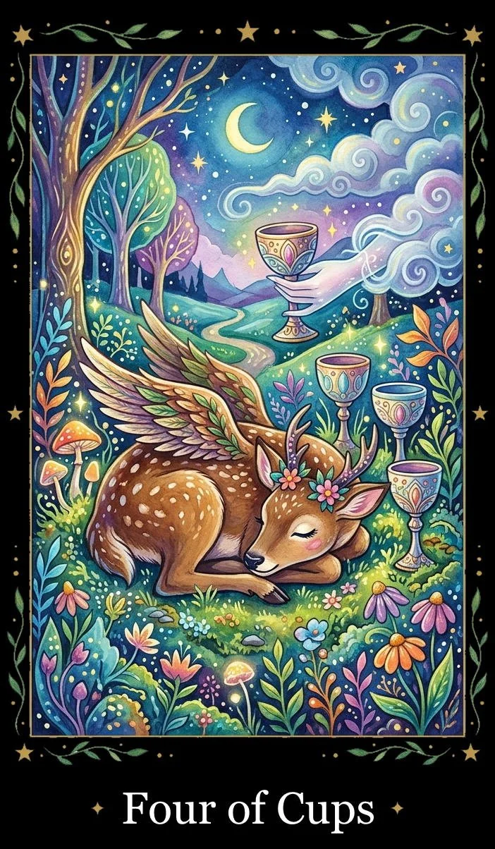 A colorful fantasy scene with a sleeping deer that has rainbow-colored wings and flowers on its head, surrounded by lush plants, mushrooms, and glowing lights. In the background, a night sky with stars, a crescent moon, swirling clouds, and a winding path. A hand holding a decorated cup extends from the clouds. Four ornate cups sit on the ground. The border features leaves and stars, and the caption reads "Four of Cups".