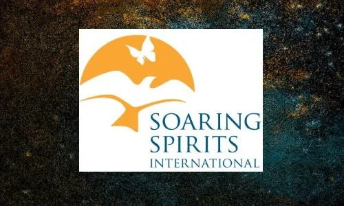 Logo for Soaring Spirits International featuring a bird silhouette within an orange circle and a dove, with the organization's name beneath.