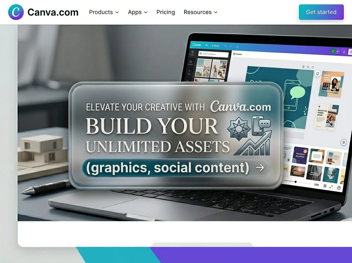 Computer screen displaying Canva.com with promotional message about building unlimited assets with graphics and social content.