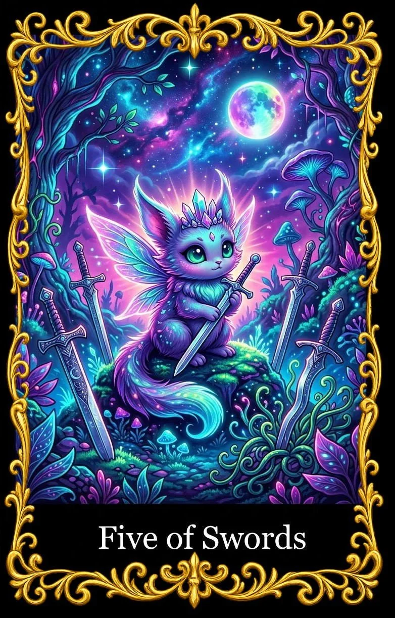 A fantasy tarot card titled 'Five of Swords' features a glowing, winged fox with large, bright eyes, holding a sword, sitting on a moss-covered rock amidst glowing plants and five swords planted in the ground. The background depicts a vibrant, starry night sky with a full moon, swirling clouds, and mystical tendrils entwined among trees, all adorned with ornate gold framing.