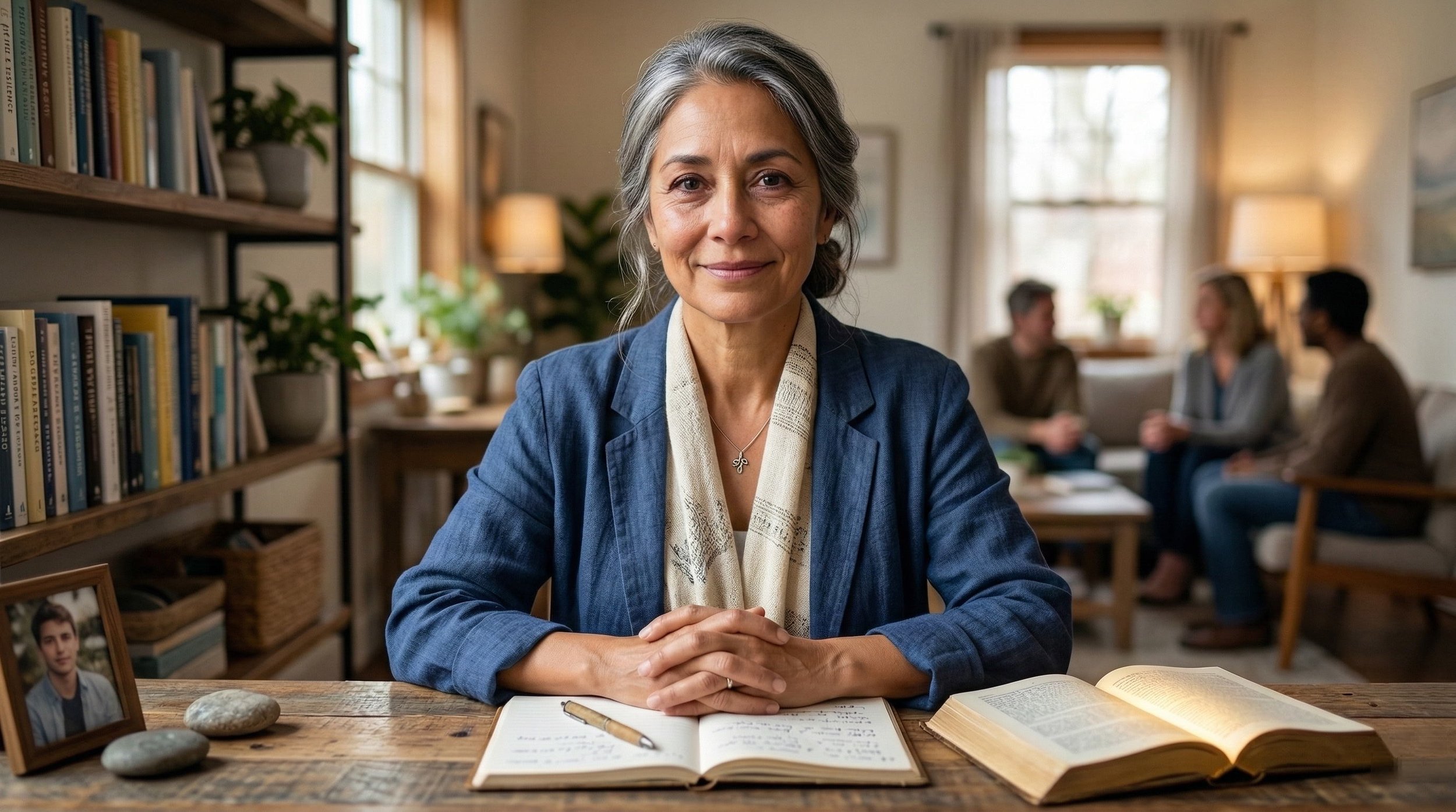 An older woman with gray hair, wearing a blue blazer and a beige scarf, sitting at a wooden desk with a notebook, open book, pen, framed photo, and decorative stones in front of her. In the background, a living room with four people sitting and talking.