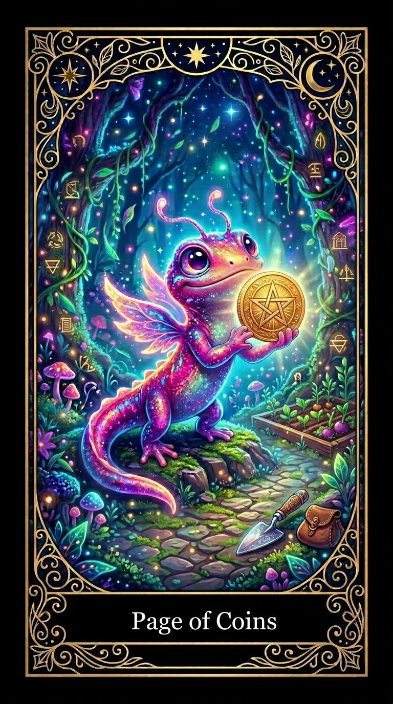 A colorful, magical scene of a fairy-like lizard holding a gold coin with a pentagram, surrounded by glowing plants, mushrooms, and stars, with mystical symbols on the borders, and the caption 'Page of Coins' at the bottom.