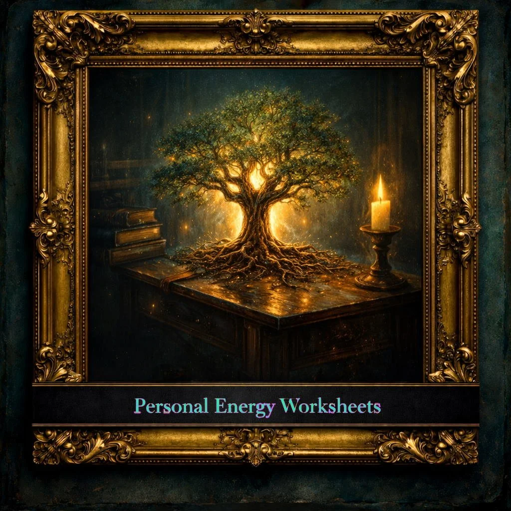 A framed mystical painting of a glowing tree on a table with a candle and books, titled 'Personal Energy Worksheets'.