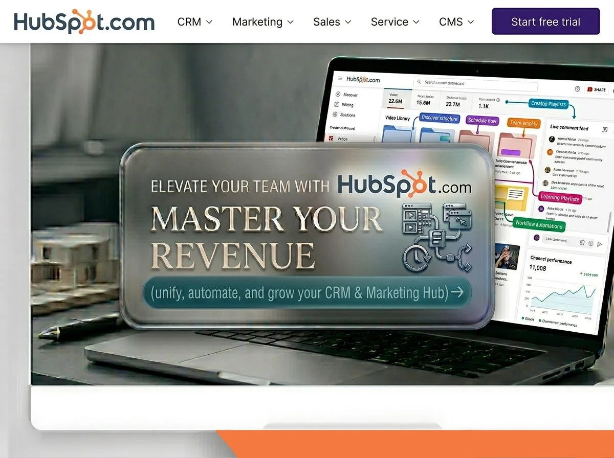 Logos of HubSpot.com with promotional message promoting team elevation and revenue mastery through CRM and marketing hub automation and growth tools. Featuring a laptop displaying the HubSpot platform with various marketing and analytics features.