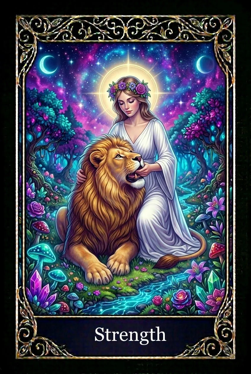 A mystical illustration featuring a woman with a flower crown, sitting beside a majestic lion in a vibrant, enchanted forest with glowing mushrooms, colorful flowers, and a babbling stream under a starry sky with crescent moons. The image is framed with intricate gold patterns and labeled "Strength."