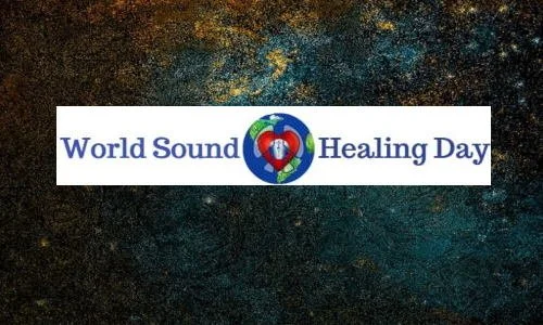 Text reading 'World Sound Healing Day' with a globe and heart logo in the center, on a textured dark background.