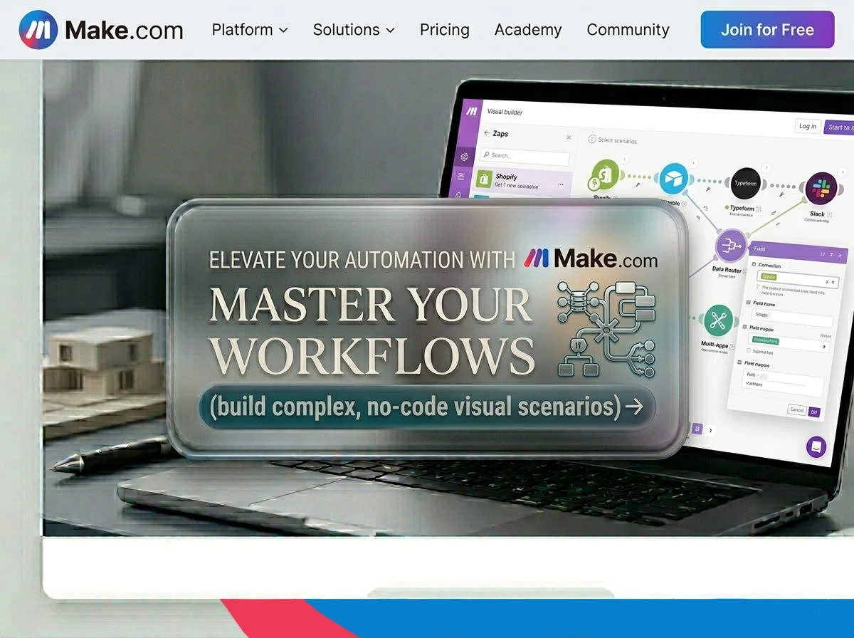 Screenshot of Make.com website showcasing automation workflows with a laptop and a visual builder interface, highlighting master workflows and no-code scenario building.