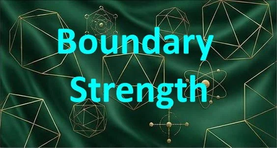 Graphic design with the words 'Boundary Strength' in bright blue over a dark green background with geometric and molecular illustrations.