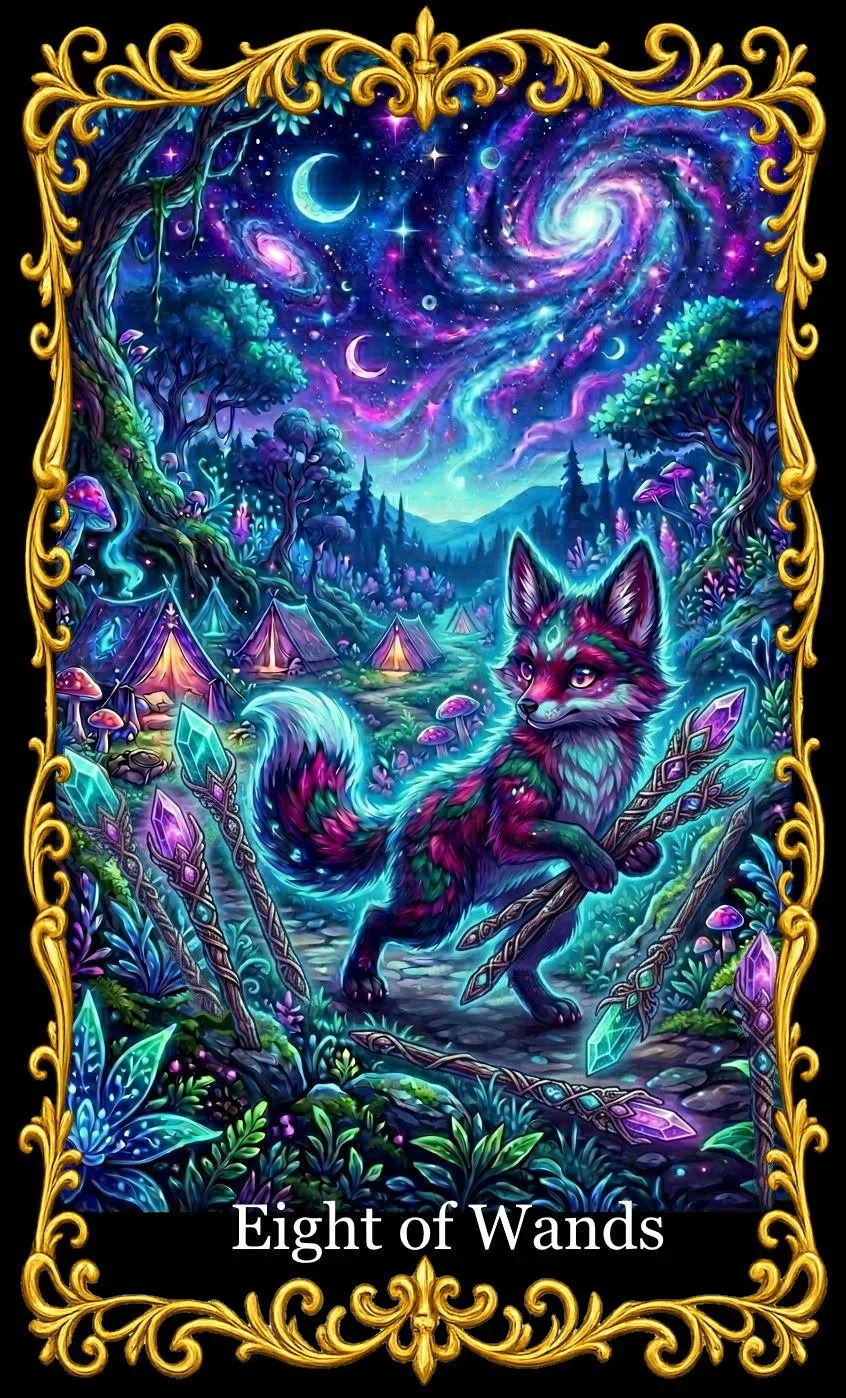 A vibrant, mystical digital painting of a forest scene featuring a fox with rainbow-colored fur holding a staff with glowing crystals. The background includes glowing mushrooms, colorful trees, swirling galaxies, and moons in an enchanted night sky, all framed with ornate gold decoration. The card title is 'Eight of Wands'.