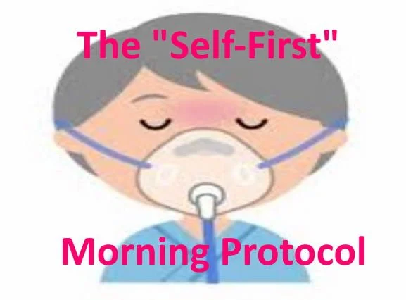 Illustration of a person with a face mask and breathing apparatus, pink text above and below reading 'The