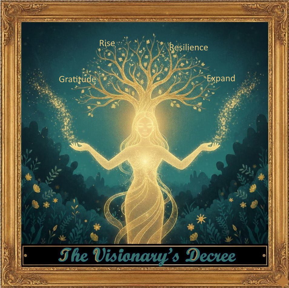 A glowing, feminine figure with outstretched arms, surrounded by a golden tree with words 'Rise', 'Resilience', 'Expand', and 'Gratitude' on its branches. The image is framed in an ornate gold border and titled 'The Visionary's Decree' at the bottom.