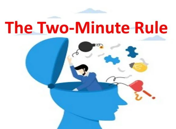 Illustration of a person in a blue head-shaped container with objects flying out, titled 'The Two-Minute Rule' in red text.