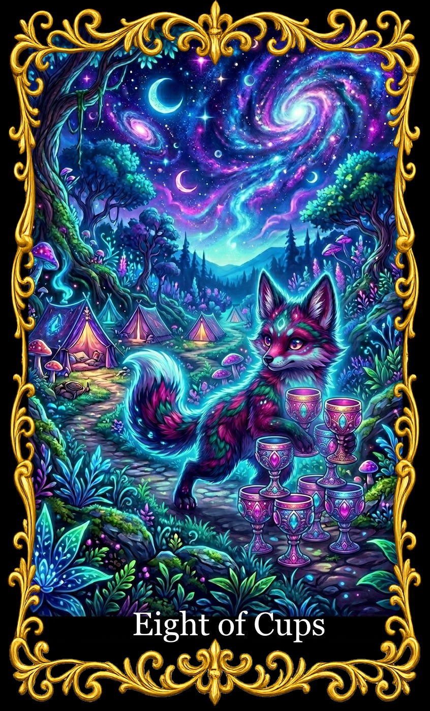 Vivid, fantasy-style illustration of a fox with glowing markings, surrounded by mystical objects like decorated cups, set in a glowing, enchanted forest with tents, mushrooms, and a starry sky with galaxies and moons, framed with ornate gold border.
