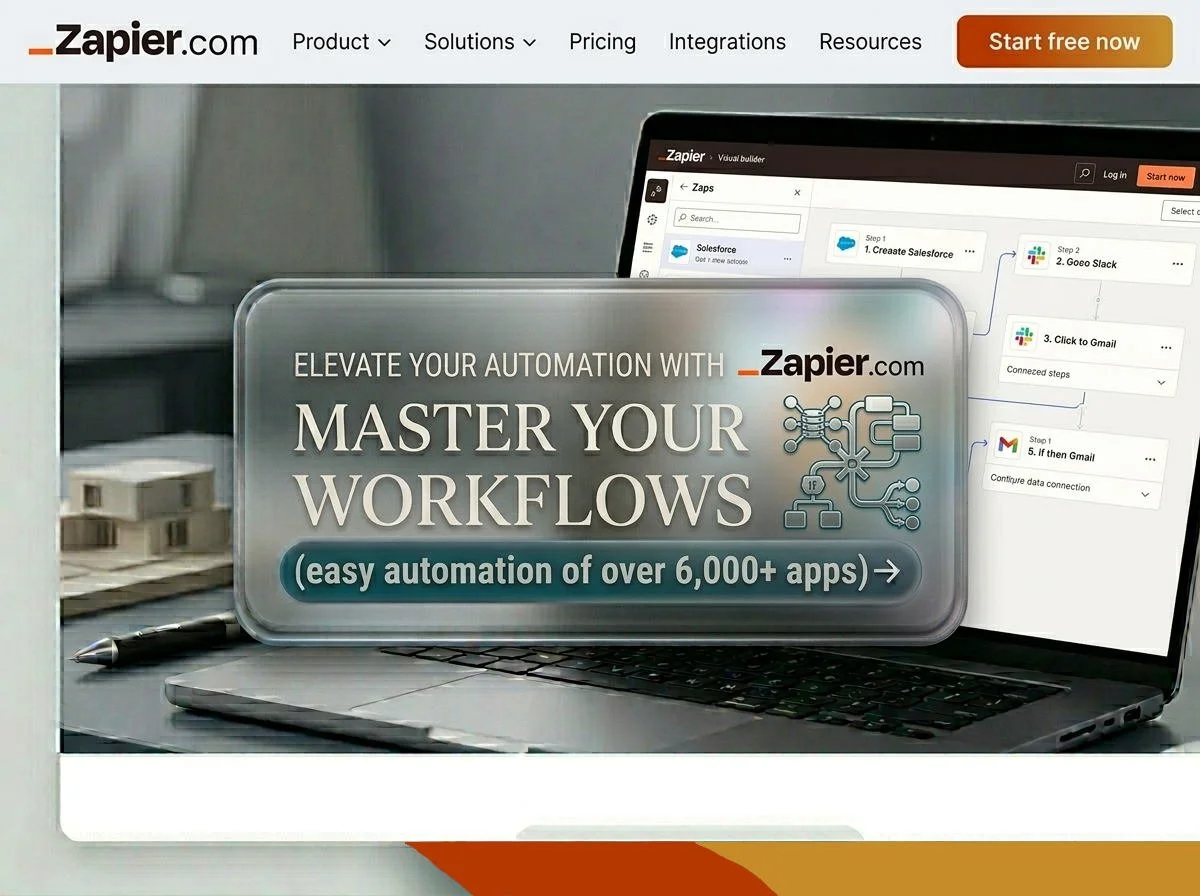 Laptop on a desk displaying Zapier automation software with a message promoting mastering workflows for easy automation of over 6,000 apps.