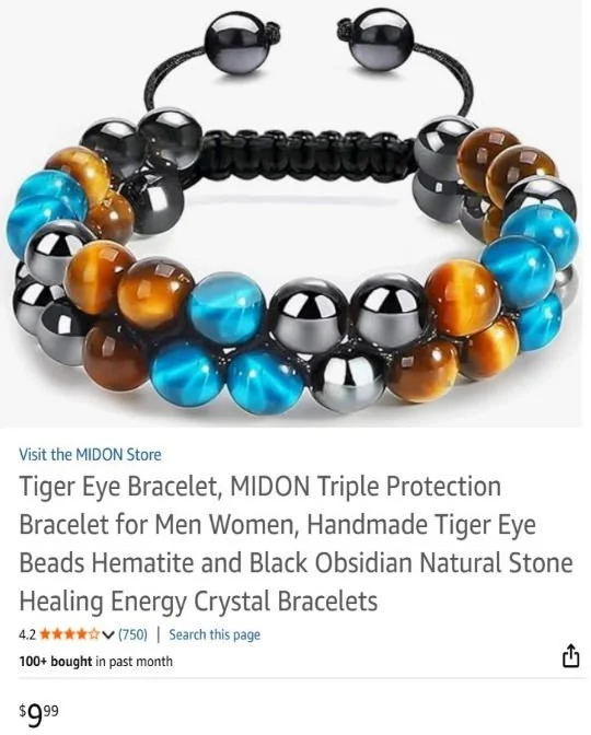 A beaded bracelet with black, blue, and brown tiger eye beads, featuring a black adjustable cord.