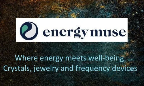 Energy Muse logo with the tagline 'Where energy meets well-being. Crystals, jewelry and frequency devices' on a dark, textured background.