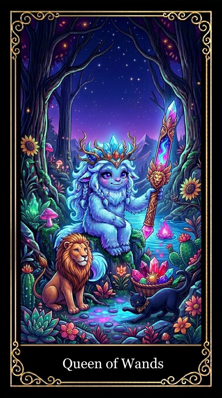Fantasy illustration of a mystical forest under a starry night sky, featuring a blue-furred creature with antlers and a crown holding a glowing wand, sitting on a rock. A lion and a black cat are nearby, surrounded by colorful flowers, mushrooms, and crystals. The scene has a magical and enchanting atmosphere, framed by ornate golden borders.