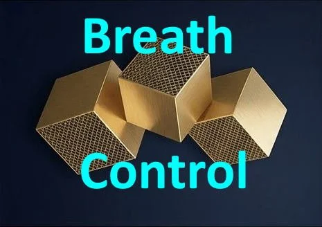 Three golden foam rollers with a honeycomb pattern, arranged in a pyramid shape, with the words 'Breath Control' in blue text above and below.